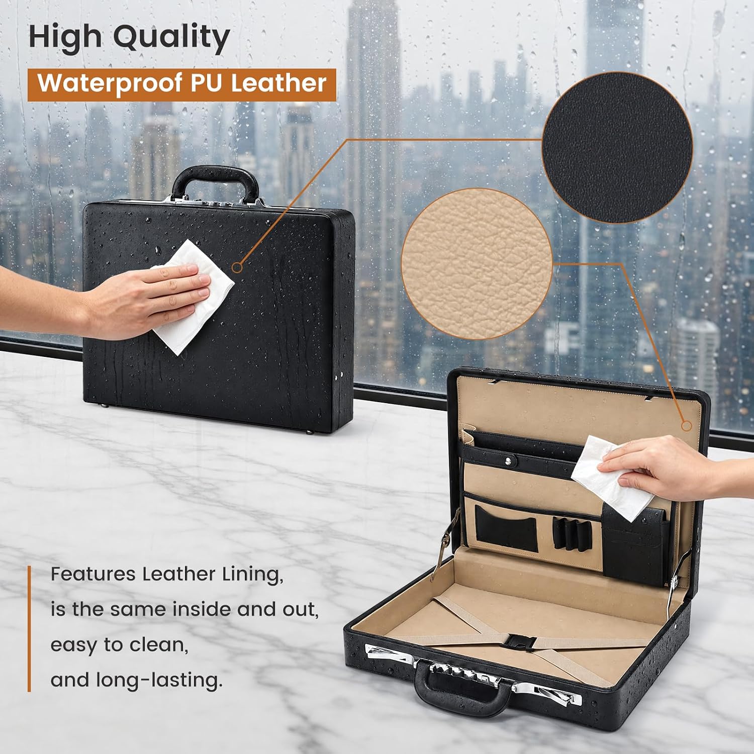 Briefcases for Men Carrying Case Document Attache Case for 16 Inch Laptop Waterproof Faux Leather Multi File Organizer with Anti-Theft Lock Professional Business Case for Work Office Travel, Black