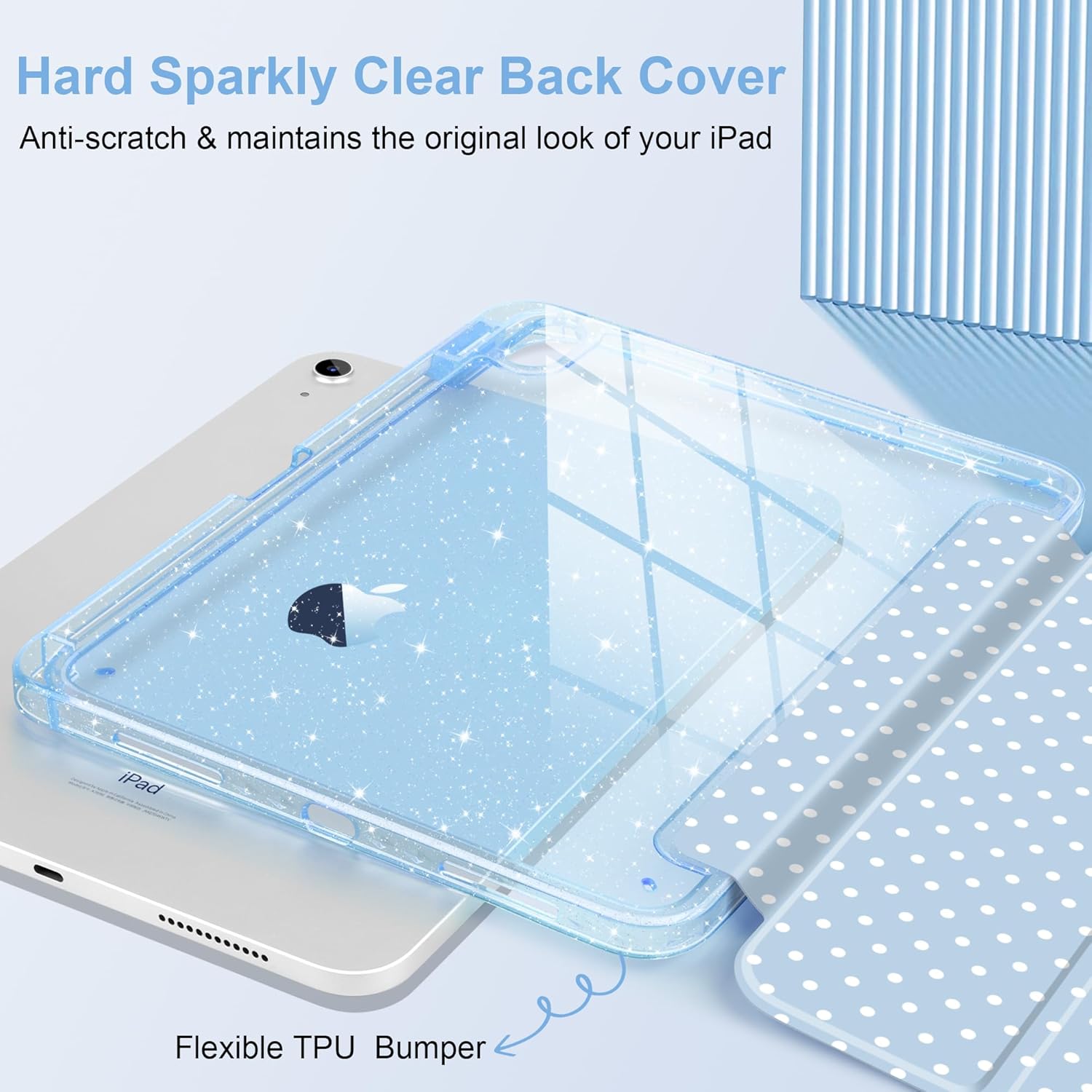 MEEgoodo Case for iPad A16 11th Generation 2025/10th Generation 2022, Glitter Tablet Cases with Transparent Acrylic Back+Trifold Stand +Pencil Holder+Auto Wake/Sleep,Blue & Polka Dots
