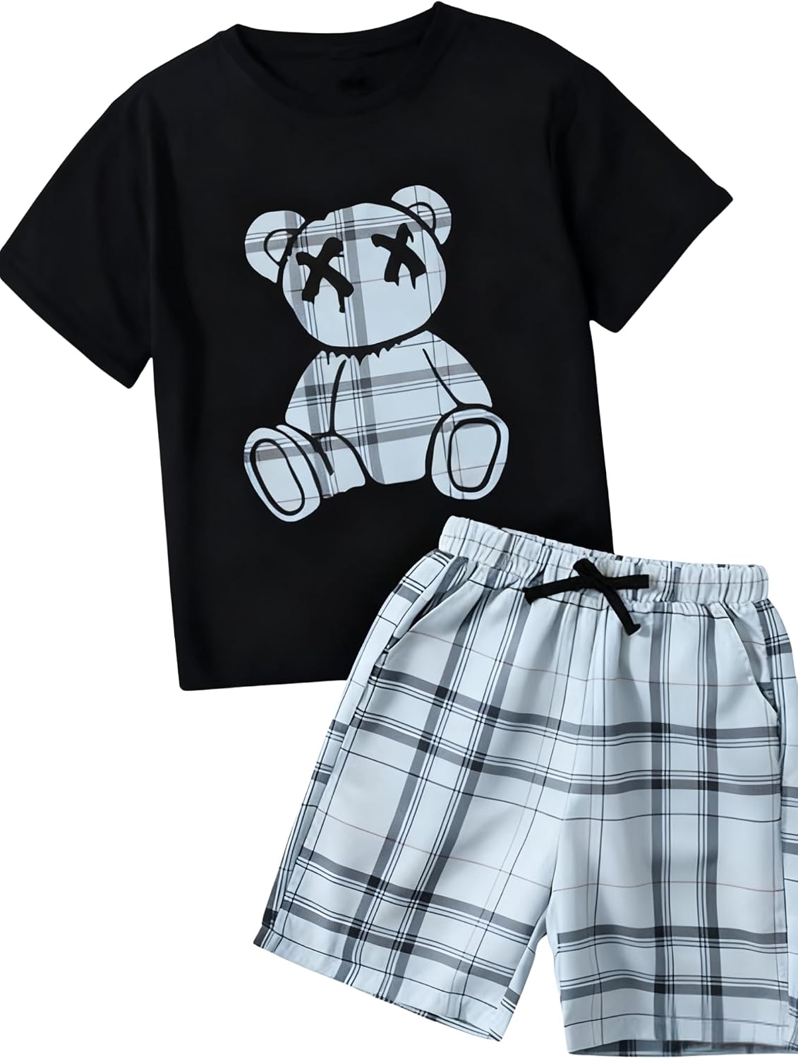 Boys 2 Piece Outfits Short Sleeve Bear Pattern T-Shirt and Plaid Shorts Summer Clothes for Kids 7-13 Years