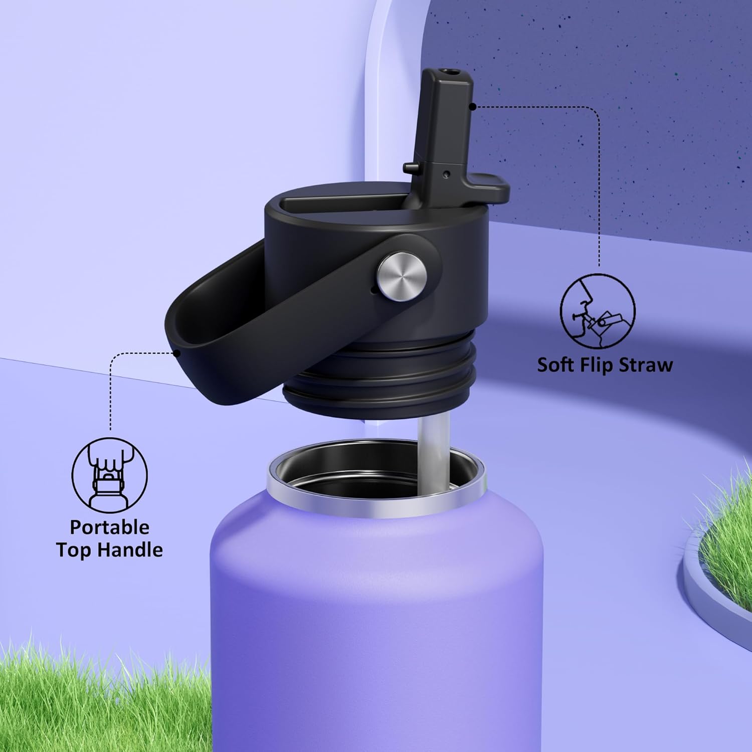 POWCAN 24 oz Travel Water Bottle: Standard Mouth, Leakproof, BPA-Free, Easy Hold Handle, Insulated Stainless Steel Thermos with Straw for School, Outdoors, Teens, Running, Sport, Trip (Violet's Tale) - Image 4