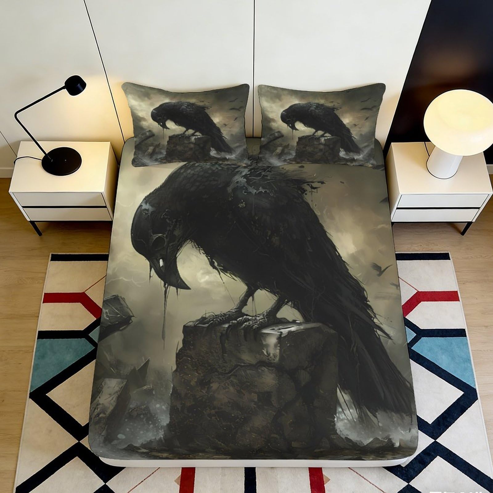 3D Printed Dark Raven Fitted Sheet Microfiber Soft Breathable Gothic Crow Mattress Cover for Bedroom Dormitory Guest Room Protection Decor 200x200x25cm