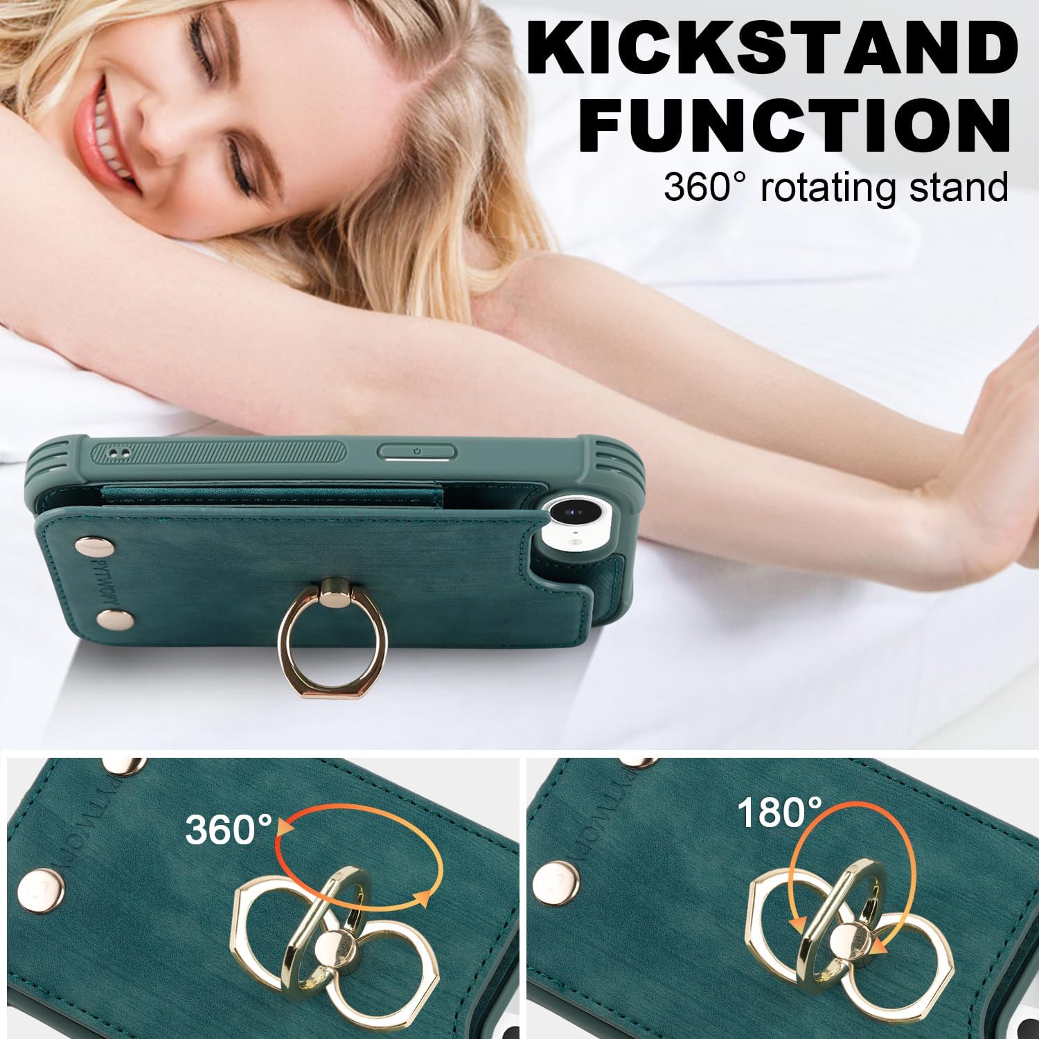 Wallet Case Compatible for iPhone 16E 6.1 inch with Credit Card Holder,Shockproof Protective Phone Cover Supports 360°Rotation Ring Stand and RFID Blocking,Blue Green
