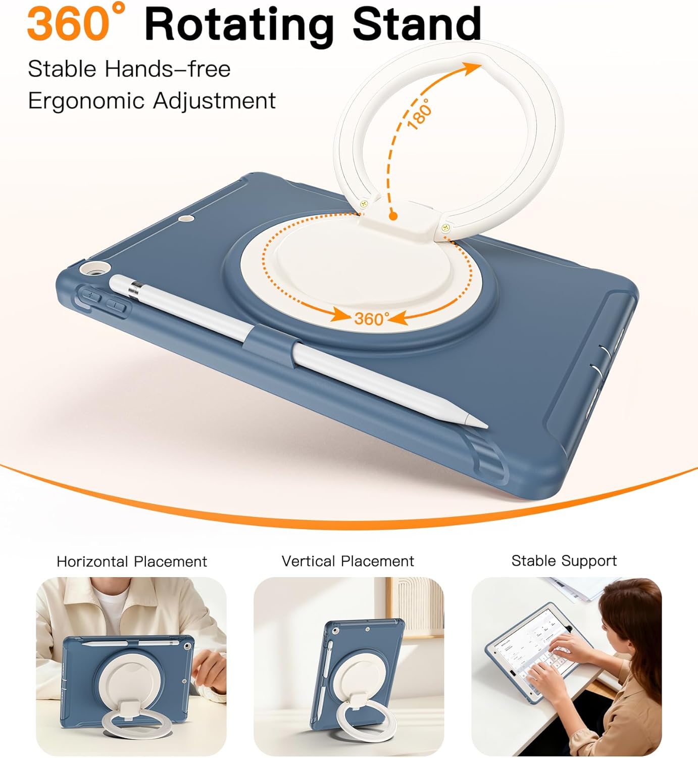 BATYUE Shockproof Case for iPad 7th/8th/9th Gen 2019/2020/2021 | 360° Multi-Angle Stand (Portrait & Landscape) & Grip, Built-in Screen Protector, Pencil Holder, Dusty Blue