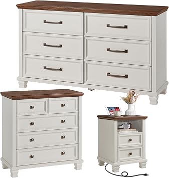 SAVOR LIFE Farmhouse Dresser and Nightstand Sets of 3, 6/5 Drawer Dresser & 2 Drawer Nightstand, Rustic White Bedroom Furniture Set for Home, Bedroom, Hallway, White