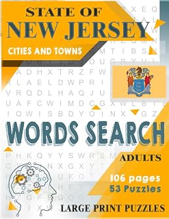 State of NEW JERSEY Cities and Towns Words Search: BRAIN GAME with Cities and Towns of New Jersey | 53 large print puzzles for adults and seniors | ... Jersey municipalities (US Cities and Towns)