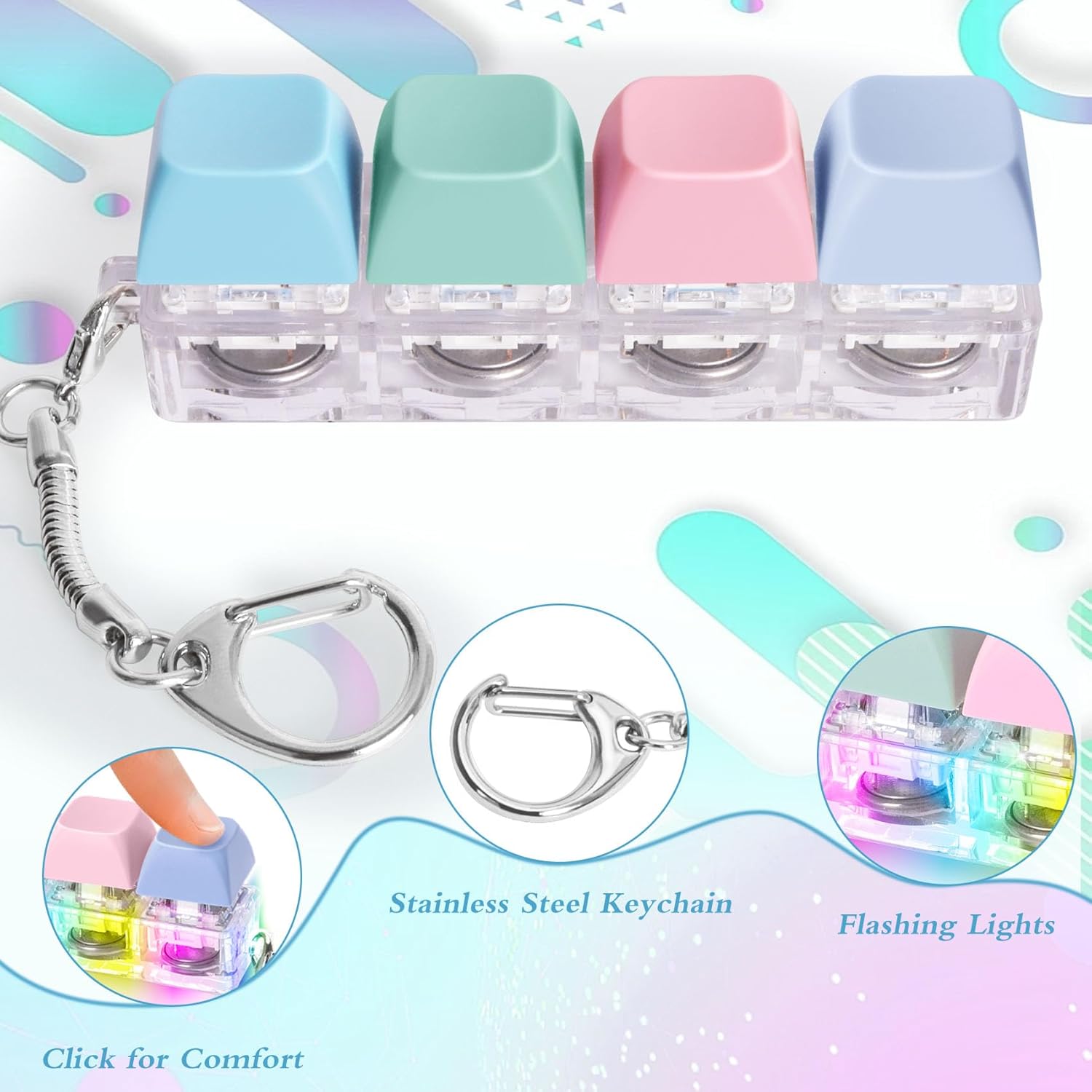 Keyboard Fidget Toys Adults Fidget Keyboard Clicker with LED Light Keychain Sensory Toys for Anxiety Stress Relief (Macaron2, 4 in 1)