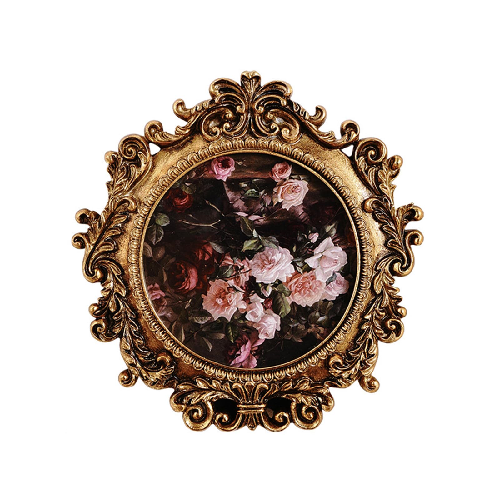 Obotsnoi Handcrafted Antique Gold Carving Round Picture Frame With Hanging Hook And Stand For Wall Or Desktop Decoration Display Vintage Picture Frame