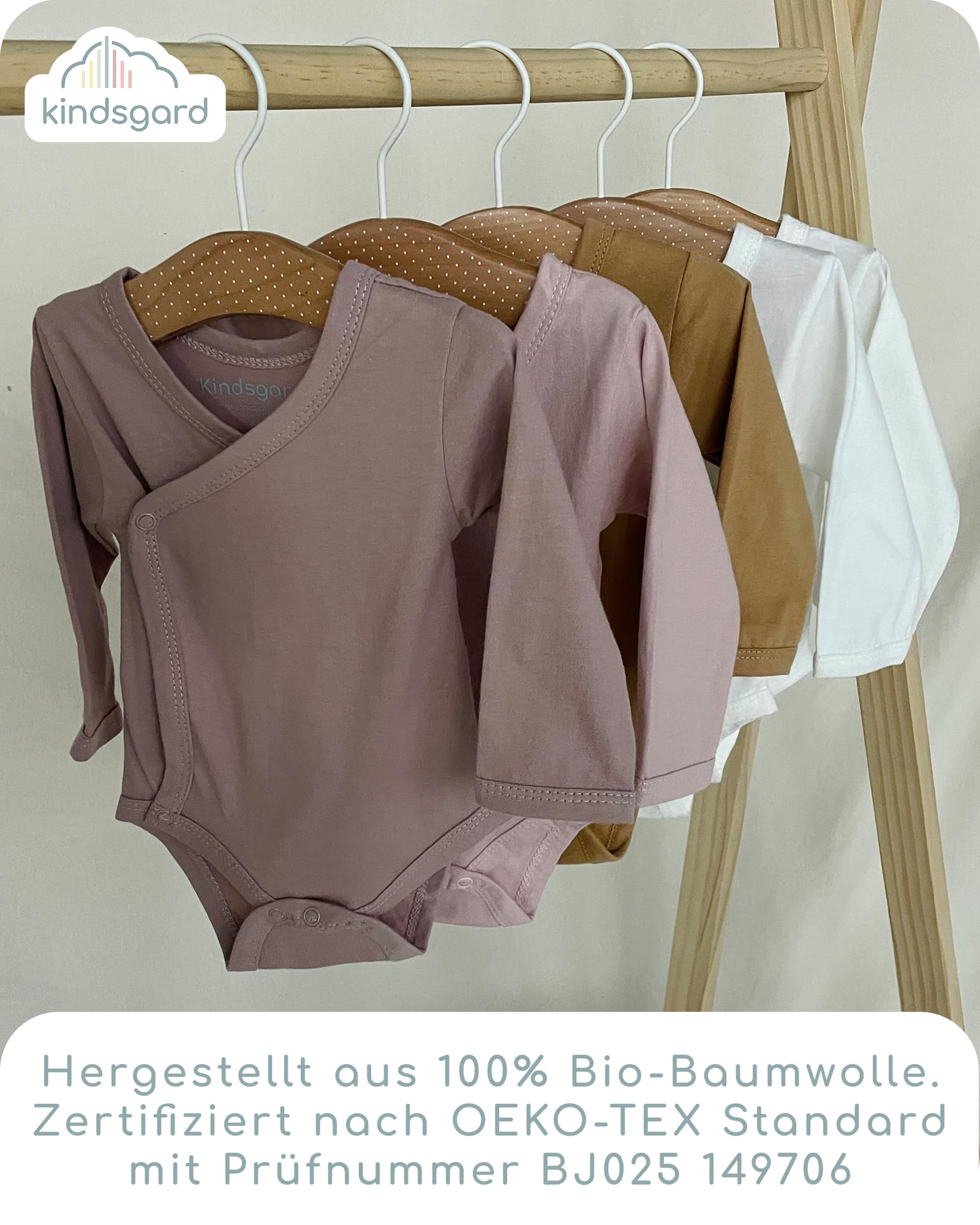 Kindsgard Wickelbody langarm „trunder“ – 5er-Pack – 100% Bio-Baumwolle – OEKO-TEX zertifiziert – weich, atmungsaktiv & pflegeleicht – Baby Body mit Druckknöpfen