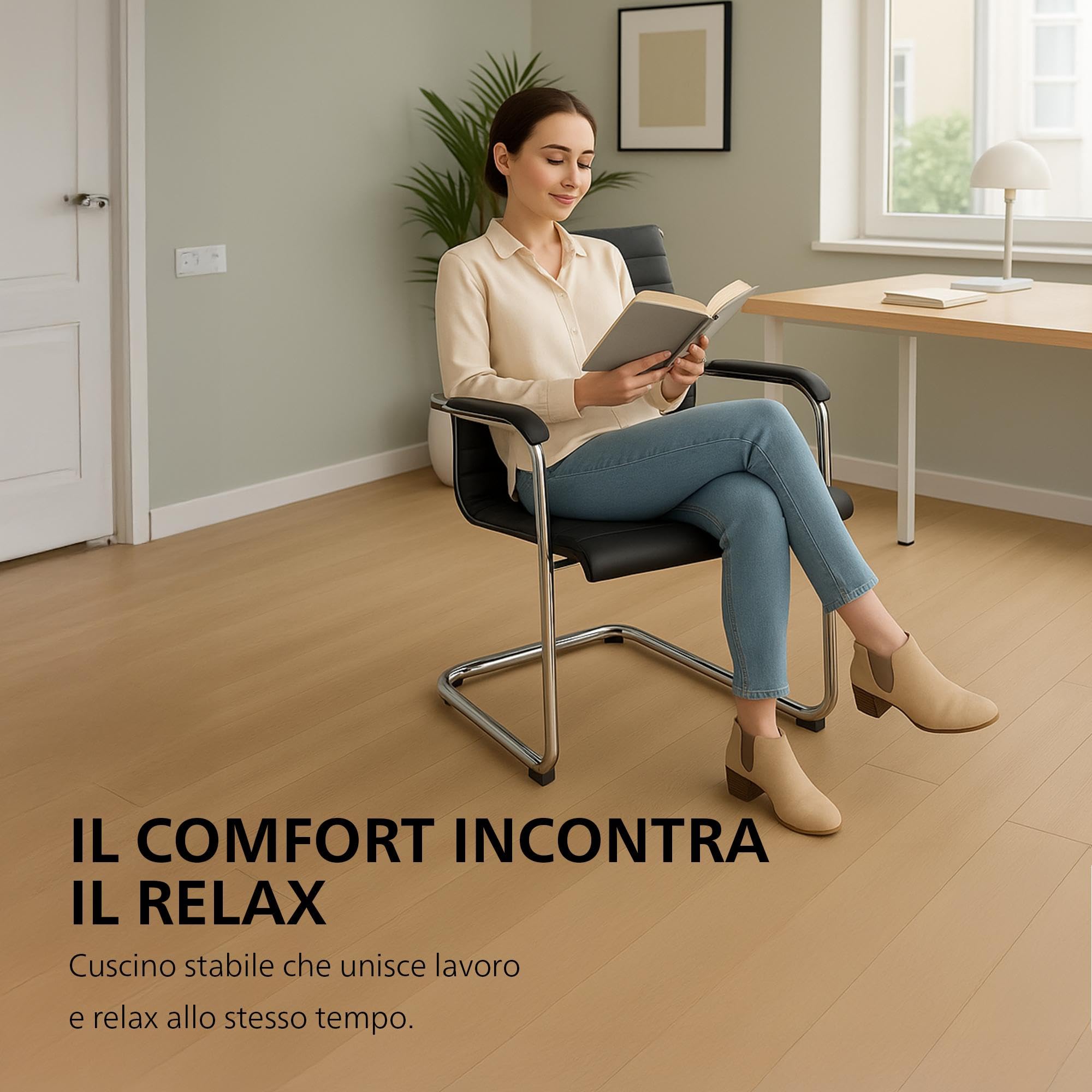 CLP Sedia da ufficio ergonomica Hakon, cantilever con braccioli, telaio in metallo cromato, sedia visitatore nera, sedia conferenza, Colore:nero