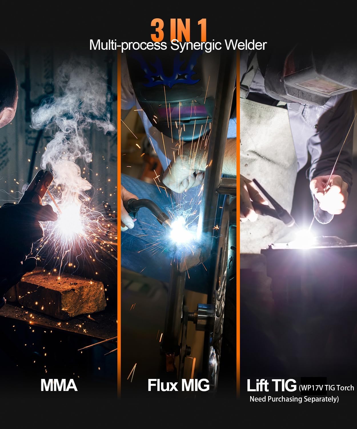 Illustration of 3-in-1 Multi-process Synergic Welder showing MMA, Flux MIG, and Lift TIG welding processes
