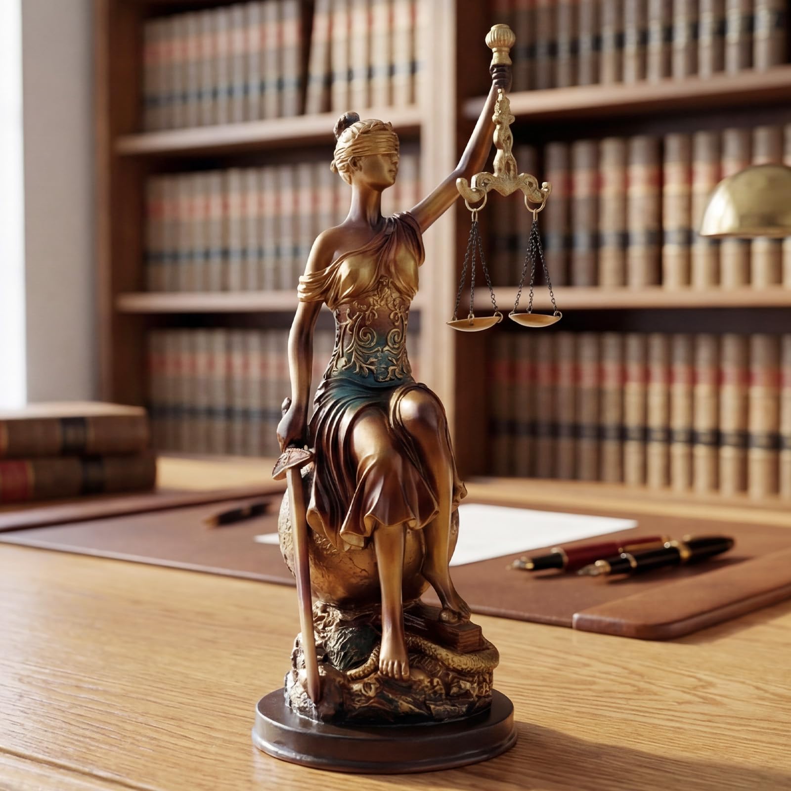 33cm Statua Seduta della Giustizia, Figurina in Resina della Dea Greca della Giustizia, Regalo da Scrivania per Avvocato e Giudice, Giustizia Cieca con Bilancia e Spada