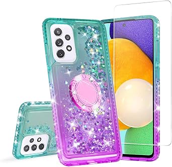 SOGA Quicksand Cover Cute Girl Phone Case متوافق مع Samsung Galaxy A52s 5G / A52 5G Case ، مع حلقة مغناطيسية لتركيب السيارات و Lanyard - Purple / Teal