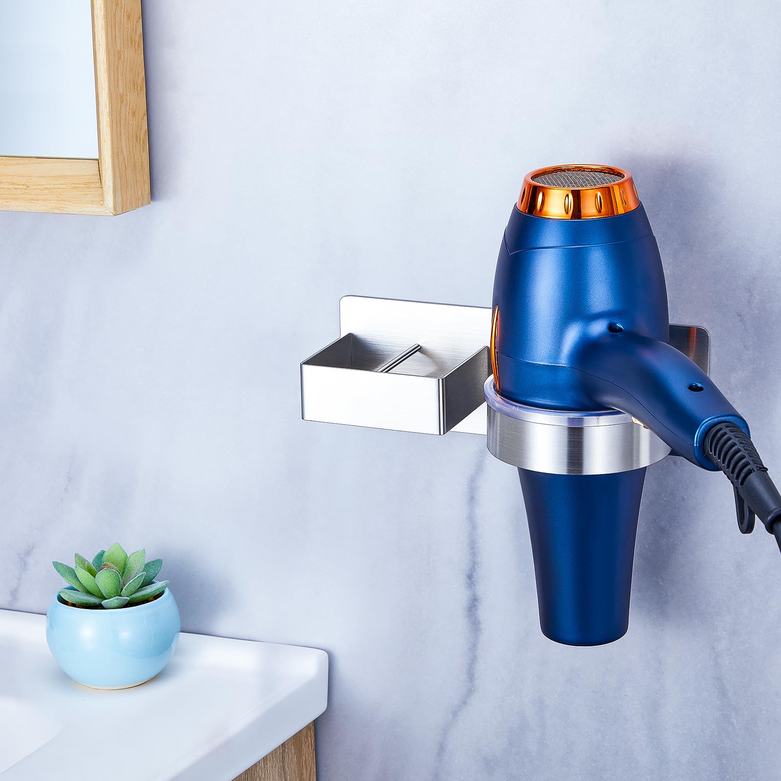 Soporte para secador de pelo montado en la pared, organizador de herramientas de pelo para baño, soporte adhesivo para secador de pelo, soporte para secador de pelo de acero inoxidable