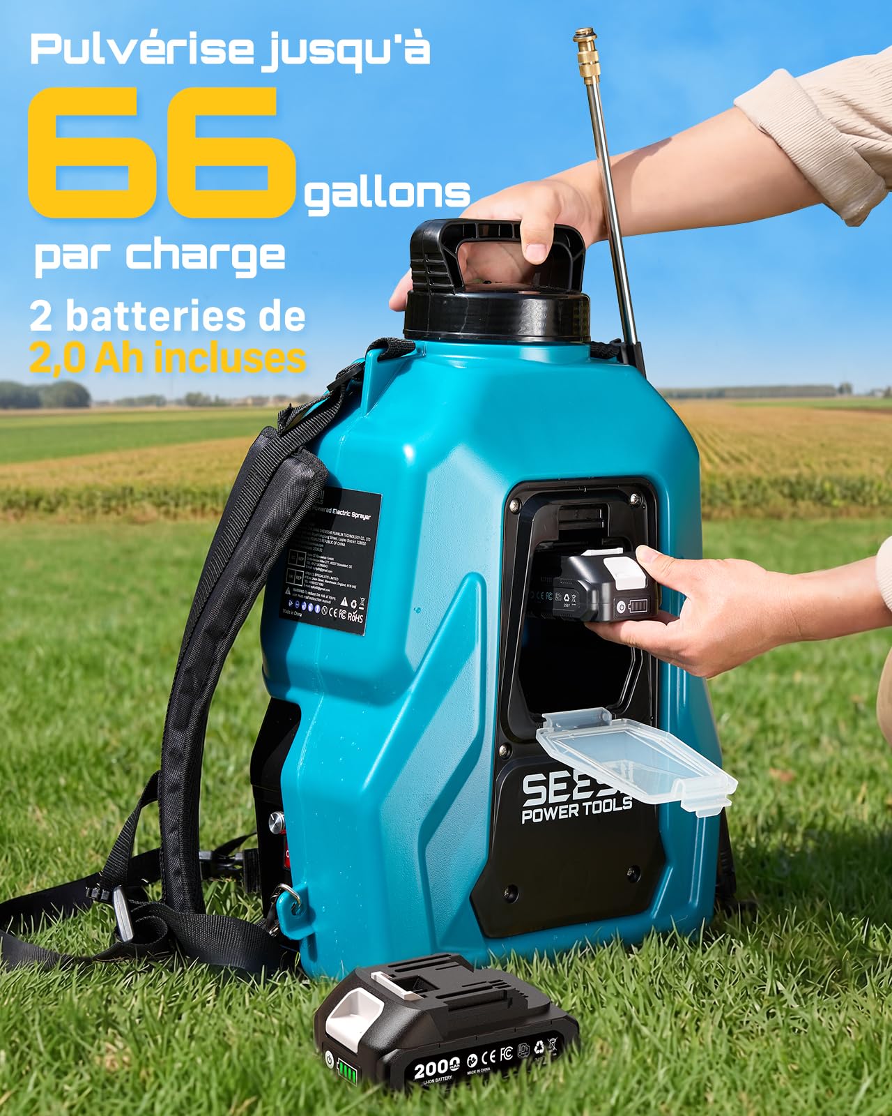 SEESII Pulvérisateur Electrique à Dos 19L avec Double Batterie, 3,5 h d’Autonomie, Lance Télescopique en Laiton, 7 Buses, Pression Réglable Jusqu’à 6,9 Bar pour Jardin et Désherbage