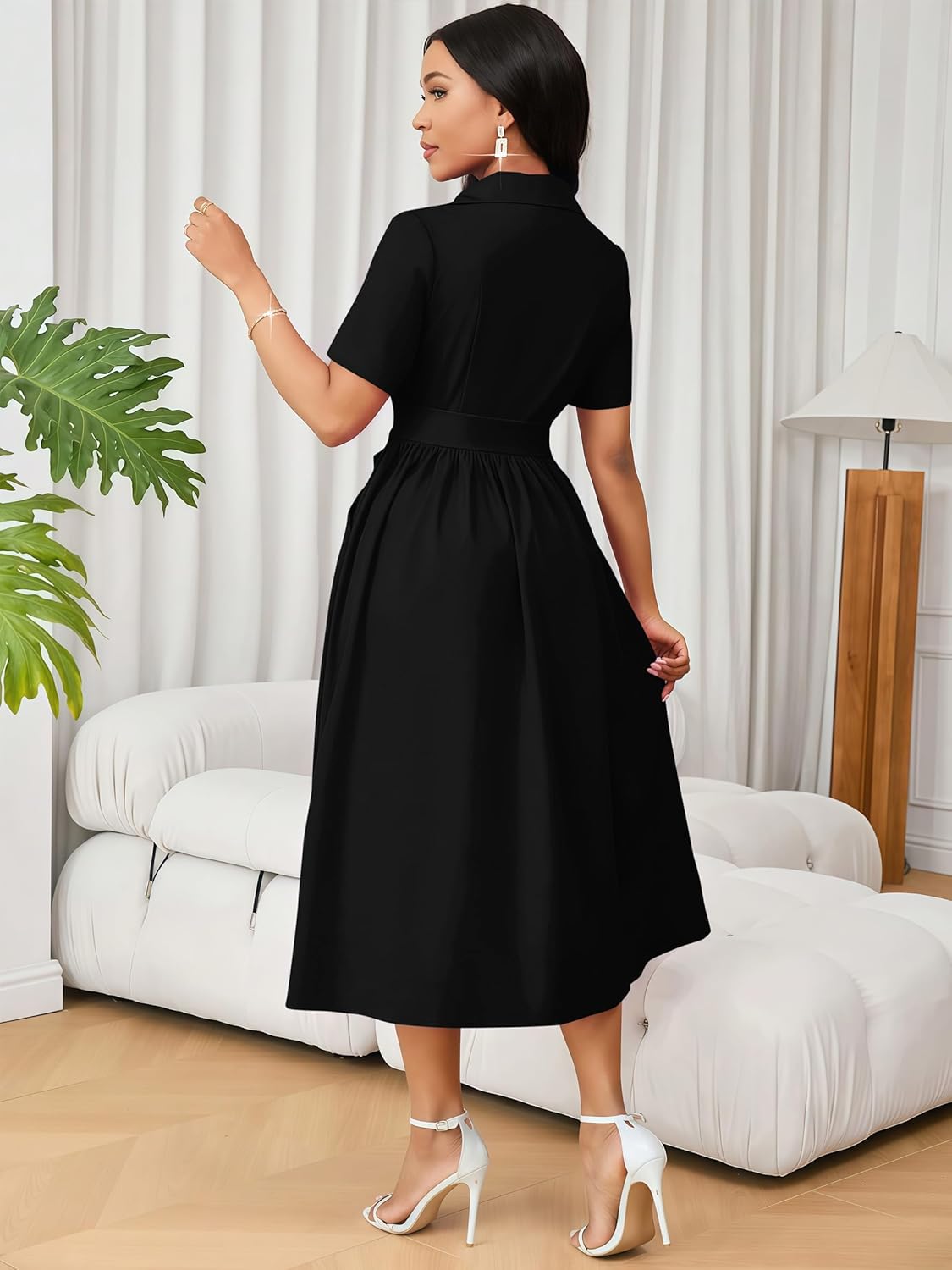 Women's Elegant V-Neck Flowy A-Line Dress Flared Short Sleeves Cinch Waist Cocktail Date Party Midi Dresses - Image 2