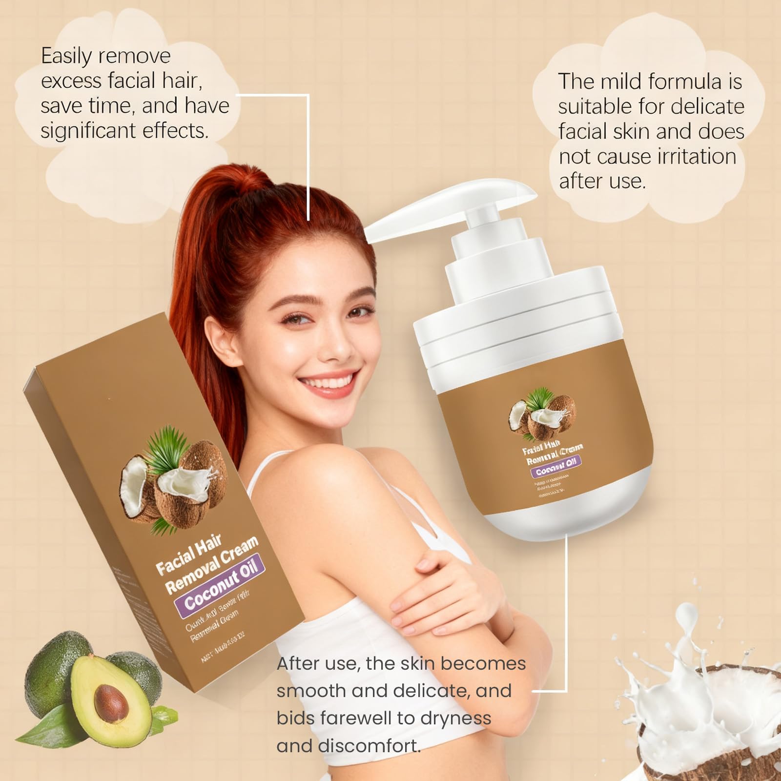Crema depilatoria viso con olio di cocco, crema di depilazione delicata per labbra superiore e mento, elimina i peli senza irritazione, cura lenitiva per pelli sensibili, donne e uomini (6 pezzi)