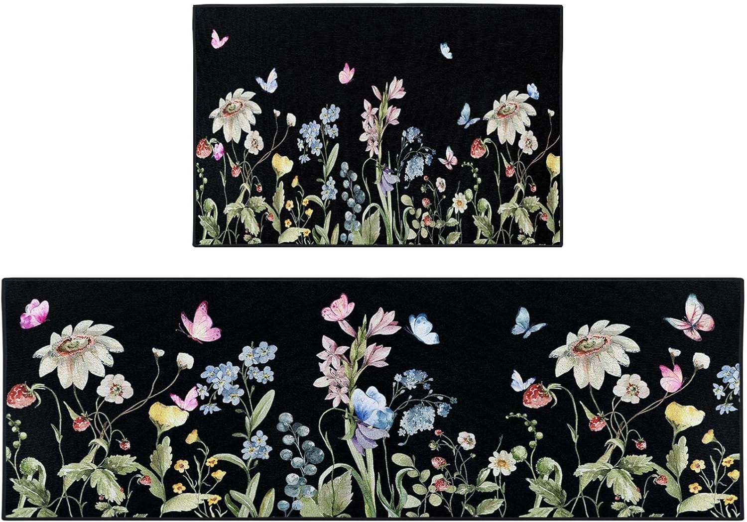 Nesphy Wildflowers Kitchen Rugs and Mats Non Skid Washable Set of 2, Black