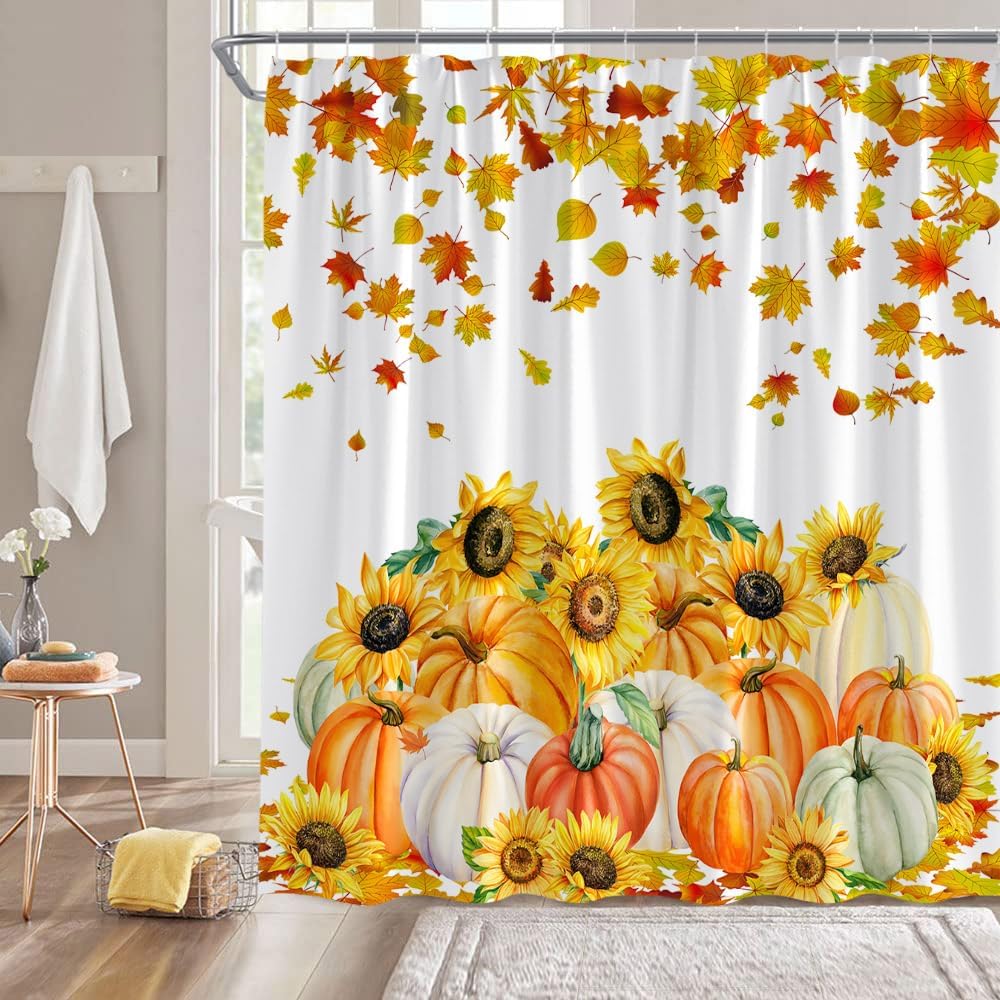 GCTNBJL Fall Pumpkin Shower Curtain Maple Leaves Rustic Thanksgiving Harvest Pumpkin Sunflower Fallen Leaves Vintage Farm Autumn Farmhouse Holiday Bathroom Decor Fabric Curtain with Hooks