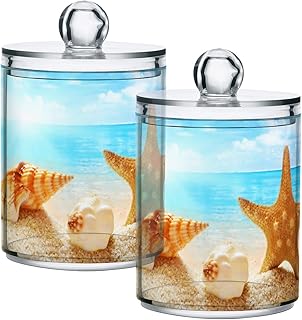 susiyo Beach Landscape Sea Shell Starfish Plastic Jars with Lid Apothecary Jar for Cotton Balls Swabs Pads - 2 Pack