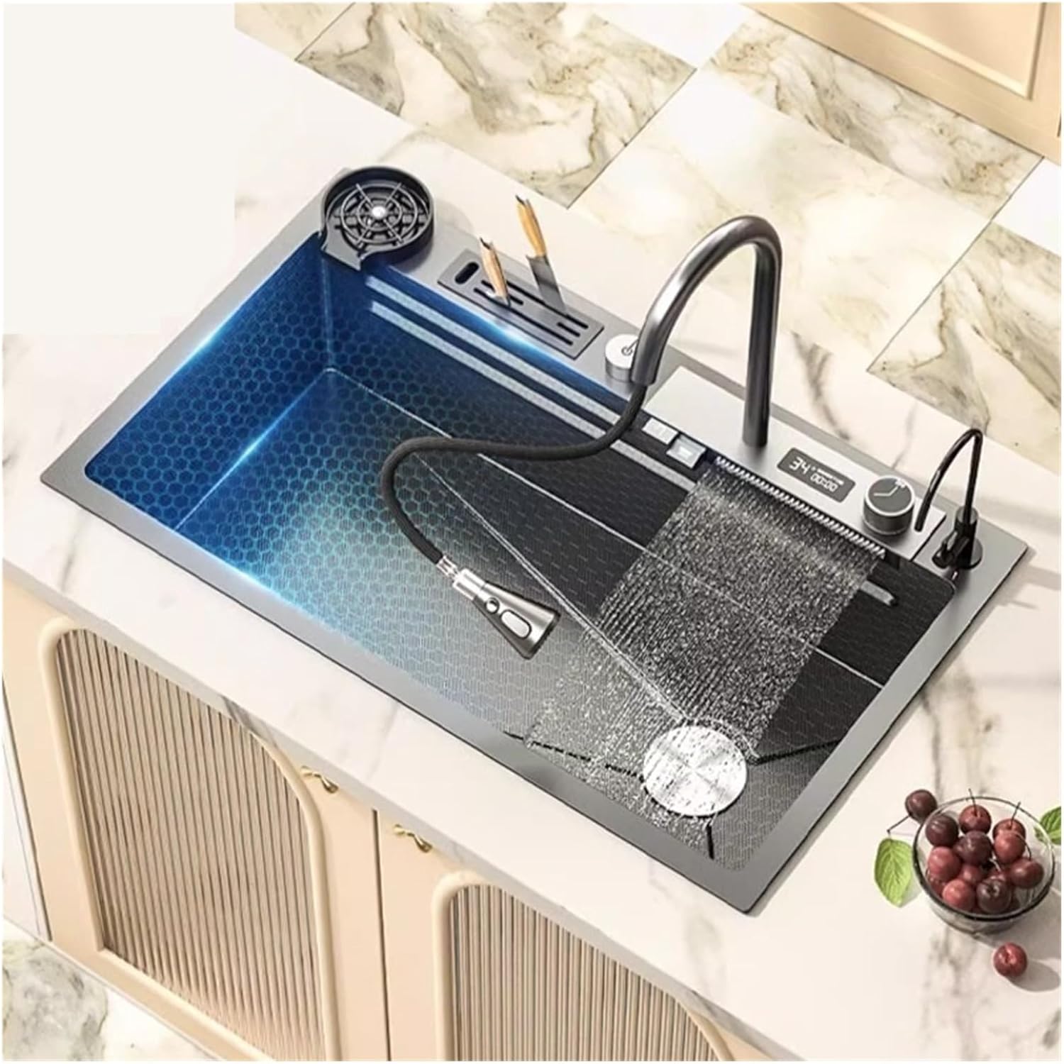 Kitchen Stainless Steel 304 Sink Honeycomb Embossed Digital Display Flying Rain Single Slot Waterfall Household Dishwashing Pool(6845FI A2)