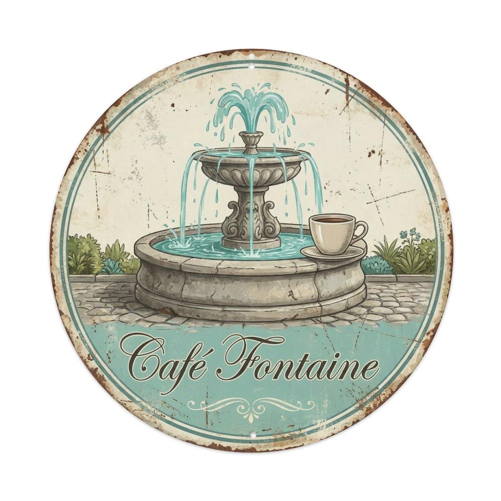 Pastry Moka Pot Fountain Coffeehouse Splashing Retro Metal Tin Sign Plaque Wall Decor for Cafe, Man Cave, Club Bar, Office, Home Garden Round Metal Poster 8x8Inch