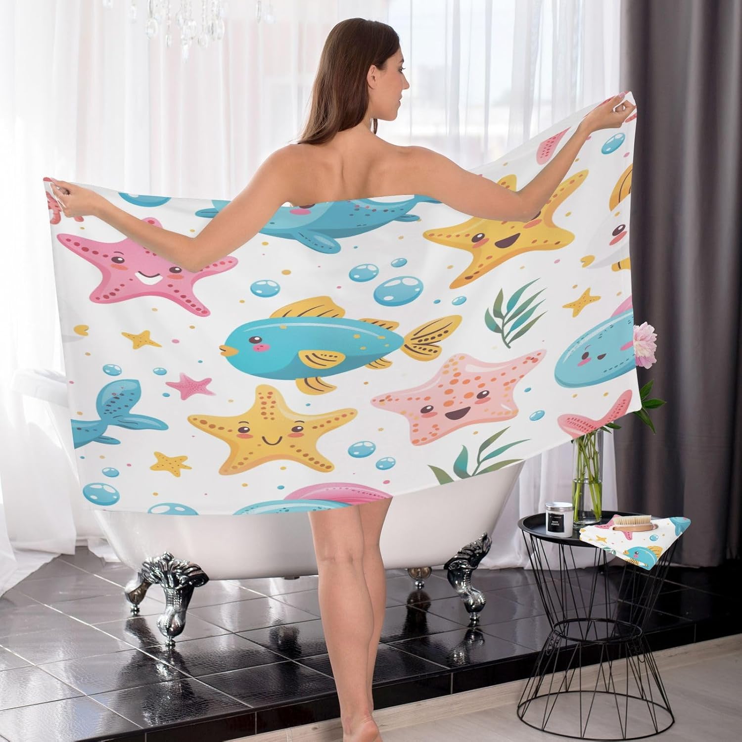 Hand Towels Premium Soft and Highly Absorbent Cute Cartoon Sea Creatures 2 Pcs Towels for Bathroom Set 100% Cotton Decorative Face Towels
