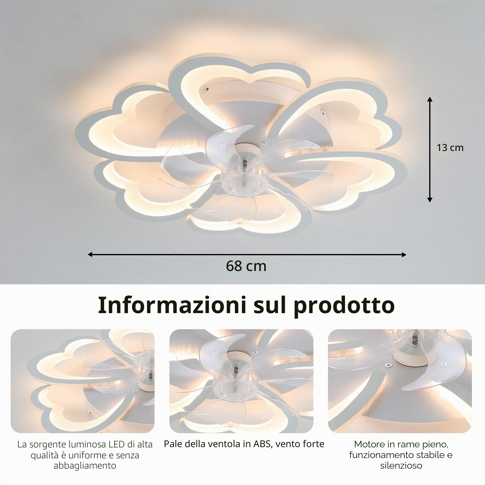 Ventilatore Da Soffitto Con Illuminazione Lampada Da Soffitto Con Ventilatore Con Telecomando Dimmerabile Silenzioso Timer, 6 Velocità Plafoniera Floreale LED 72W Ventilatore Con Luce Per Soggiorno