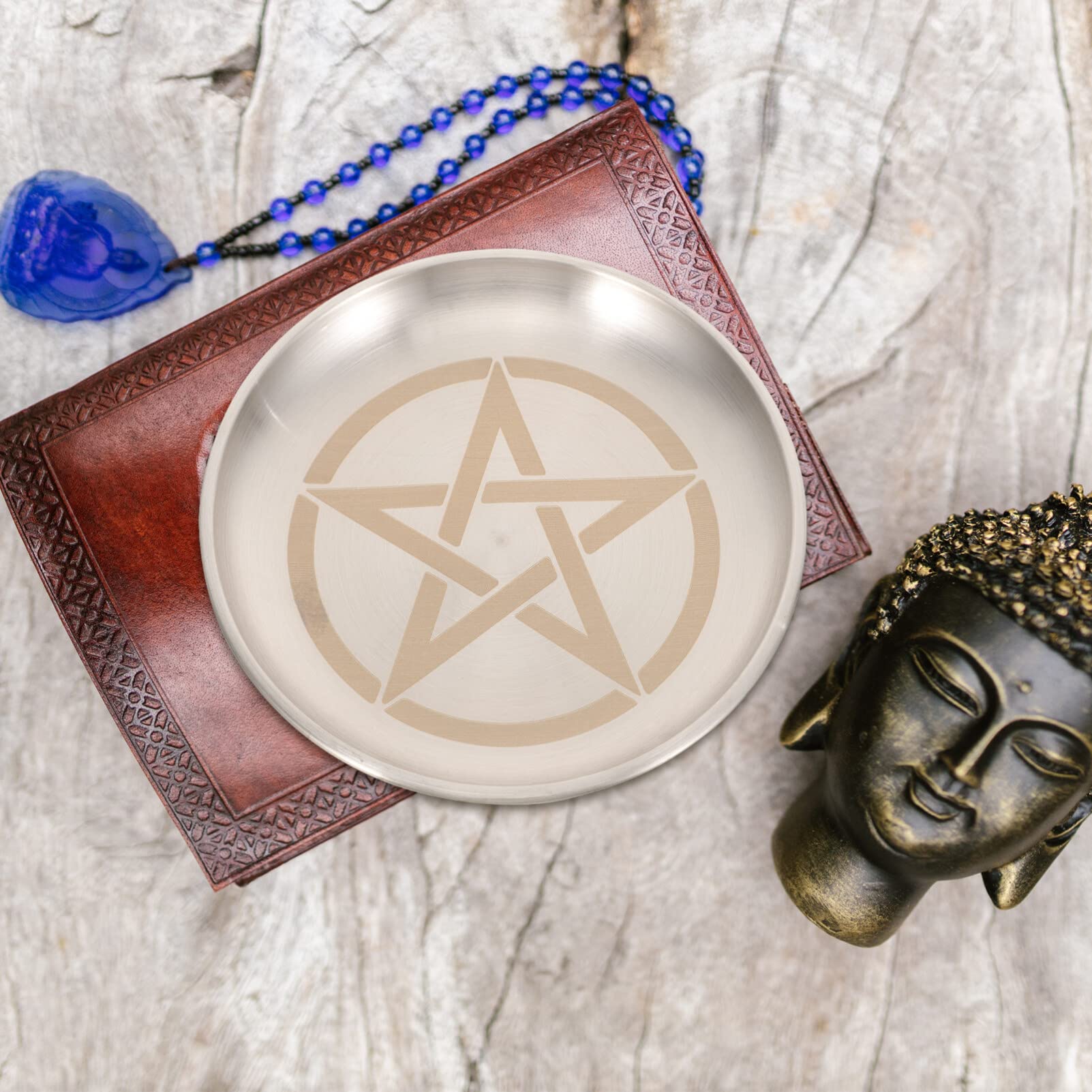 TEHAUX Altar Plate Candle Holder - Silver White Pentagram Pattern Metal Tray For Candles, Witchcraft & Altar Supplies - View #3