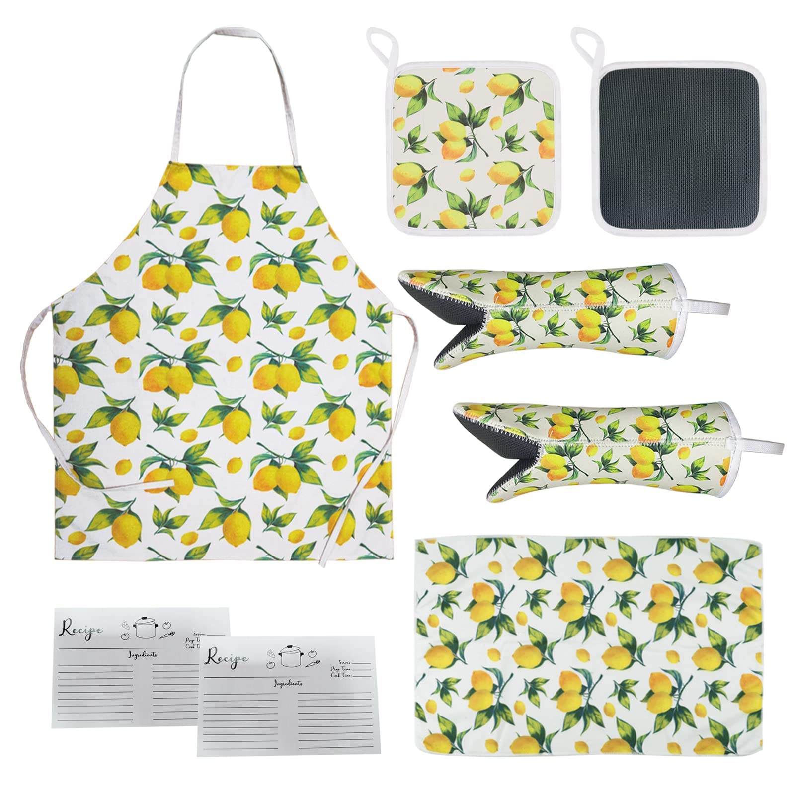8pcs Lemon Kitchen Decor And Accessories With Lemon Apron,Durable Non-Slip Neoprene Oven Mitts And Pot Holders,Towels,Recipe Card, Lemon Themed Kitchen Linen Set for Women/Men Gifts, White, A02