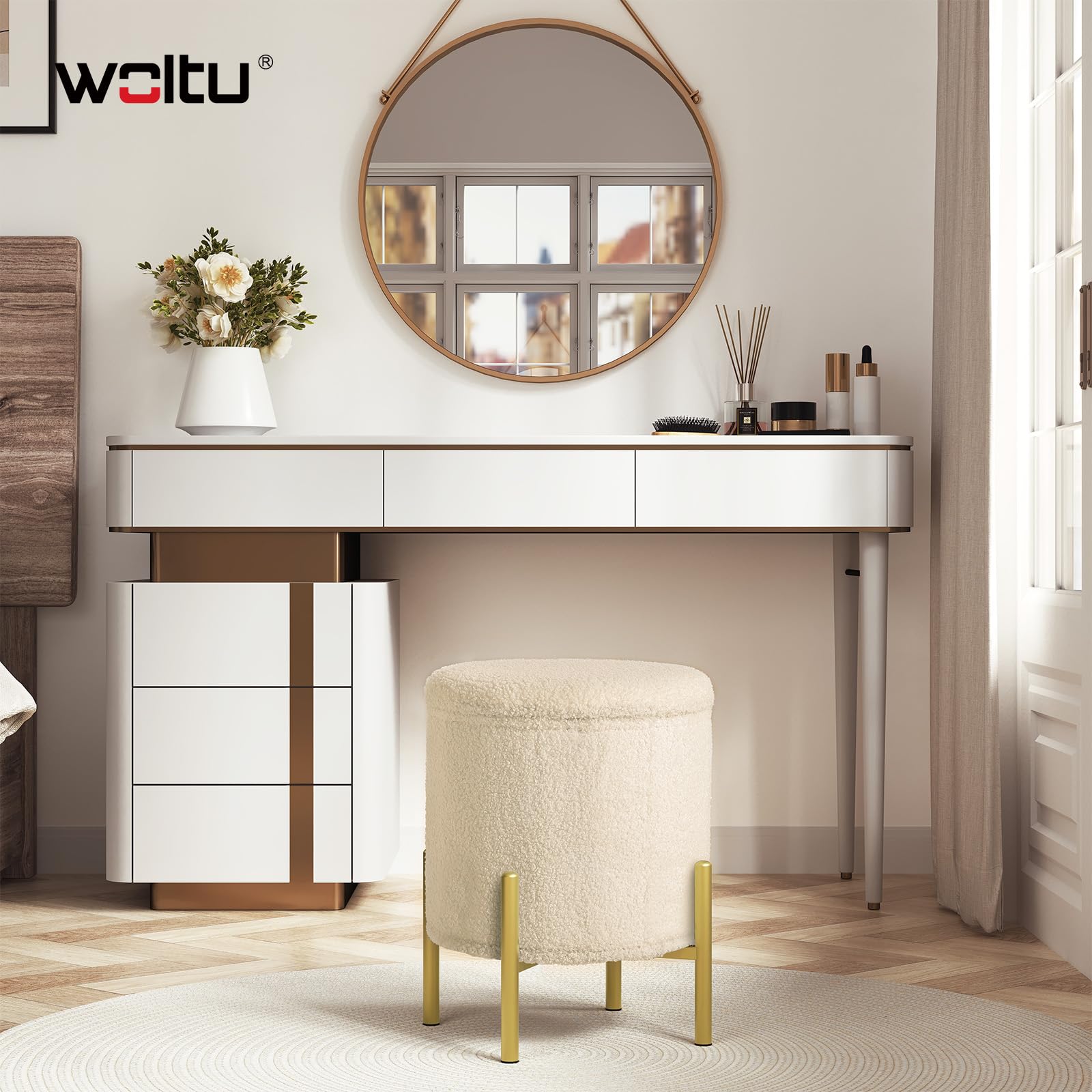 WOLTU Puff Almacenaje, Taburete Plegable, Reposapies de Sofá, Taburete Redondo para Salón y Dormitorio, Baúl de Patas de Metal, Tela Polar Teddy, MDF, φ35x41 cm, Beige | Beige redondo para salón, dormitorio o pasillo con tapa y patas de metal