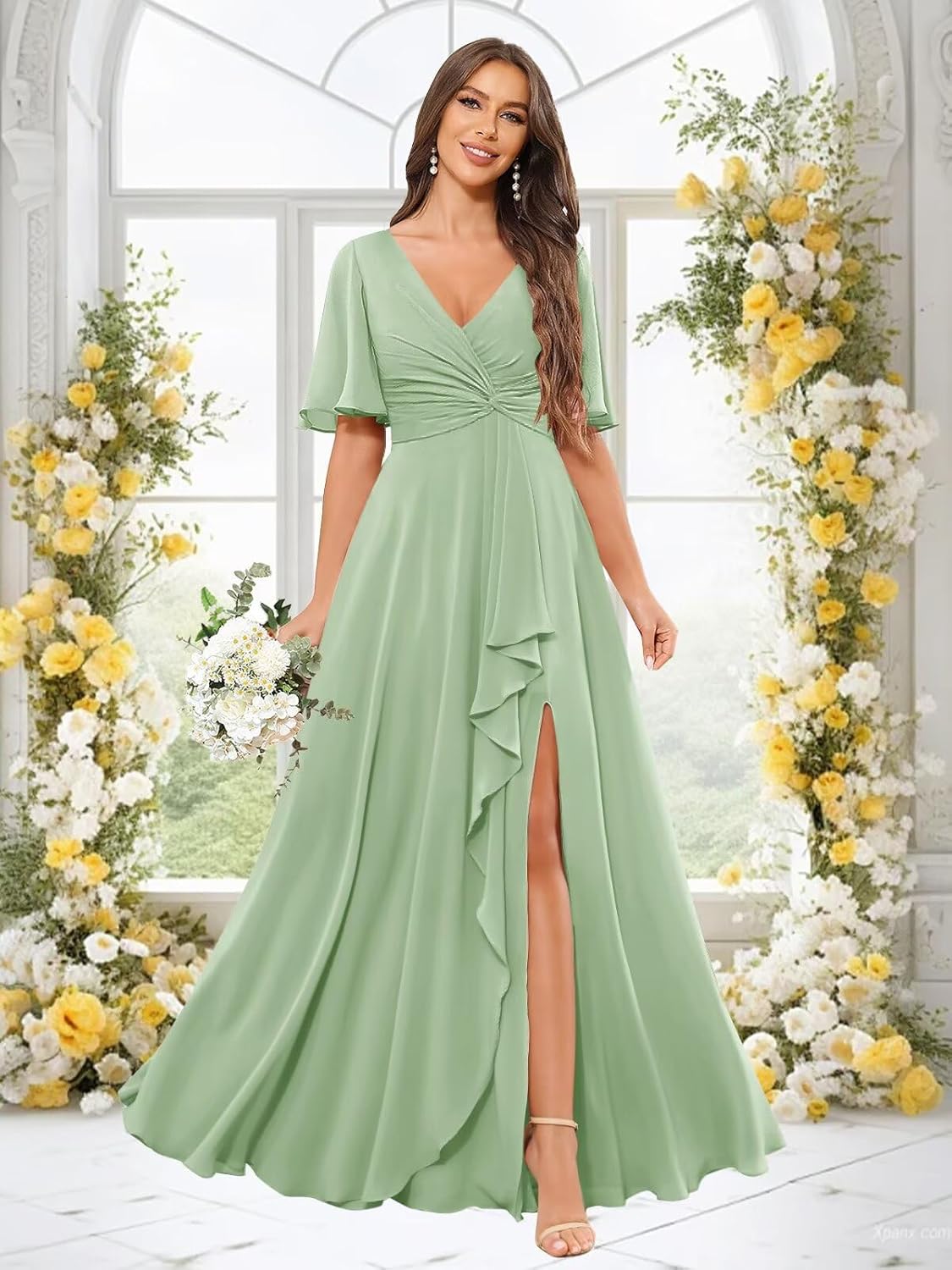 Short Sleeve Bridesmaid Dresses for Women Ruffle Chifon Formal Wedding Party Dress with Pockets - Image 4