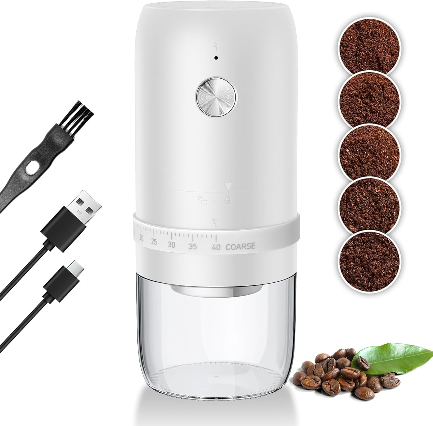 Portable Burr Coffee Grinder Electric with 40 Adjustable Grind Settings, Conical Burr Rechargeable Coffee Bean Grinder with Cleaner Brush, for Home Use, Travel Camping (White)