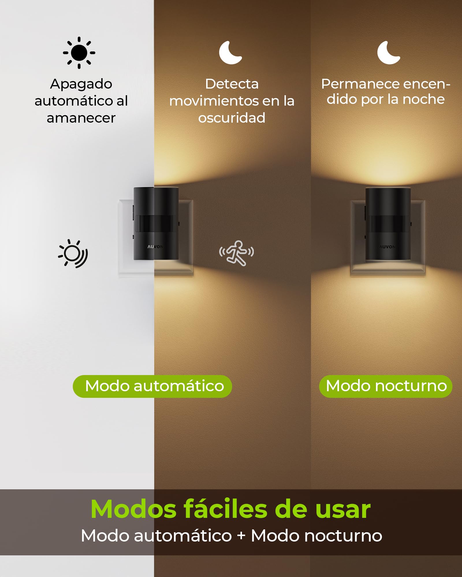 AUVON Lámpara de Noche Enchufable con Sensor de Movimiento y Sensor Crepuscular, Iluminación Superior e Inferior, Luminosidad Ajustable, Innovadora Rotación de 90° para Dormitorio, Pasillo, Cocina