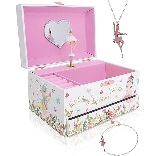 The Memory Building Company Ballerina Musical Jewelry Box, Classic Melody, Storage Organizer Kids Ages 6-12, Wood Construction w/ 2 Compartments
