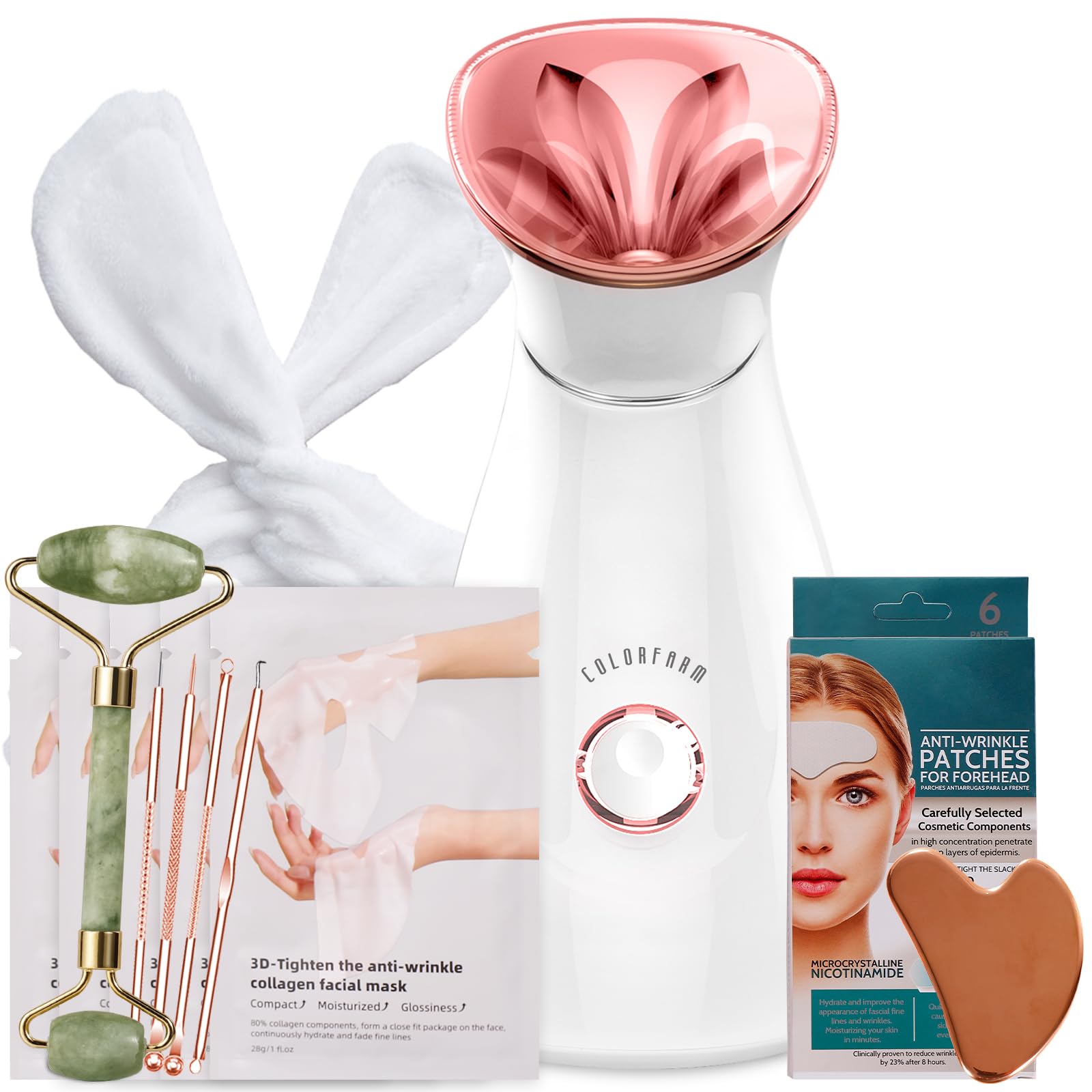 Colorfarm Facial Steamer Skin Care Kit: Face Steamer Home Spa Deep Cleaning Unclogs Pores with 6 Skin Care Tools - Relaxing Self Care Gifts for Women (Face Lifting & Sculpting Firming Skincare Set)