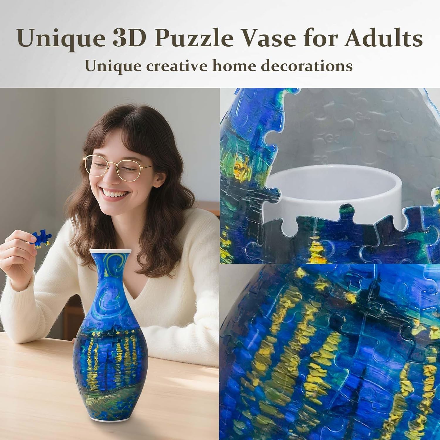 3D Puzzles Vase for Adults with LED Light, 160 Pcs Unique Plastic Flower Vase Puzzle,Crafts for Adults,DIY House Warming Gifts for Flower Arrangements and Home Decor (​Starry Night)