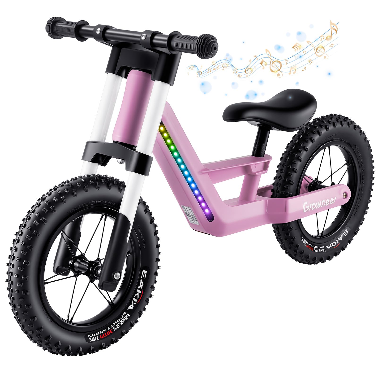 GROWNEER Kids Balance Bike with LED Lights and Music, 12" Lightweight Nylon Fibre Frame No Pedal Bike, Adjustable Seat, Pneumatic Tyres, First Bike for Boys Girls Aged 3-5 Years, Pink