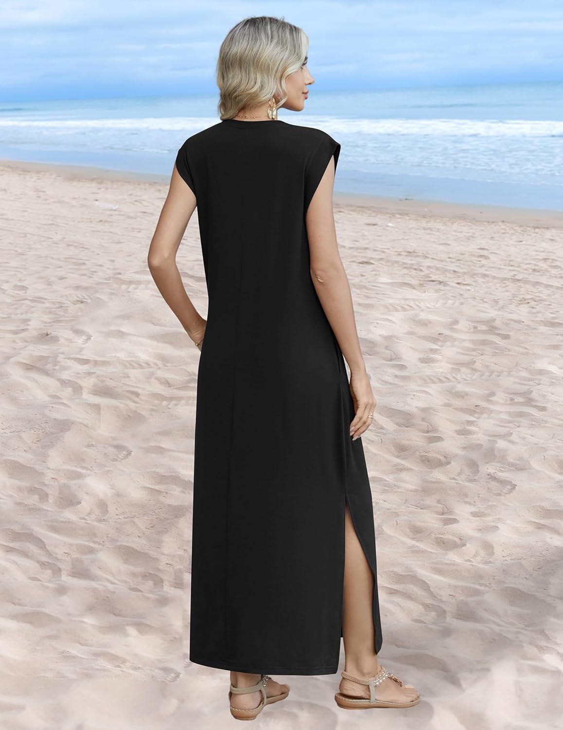 Zeagoo Summer Dresses for Women 2026 Black Long Maxi Sundresses Loose Split Wrinkle-Free Beach Travel Vacation Clothes - Image 5
