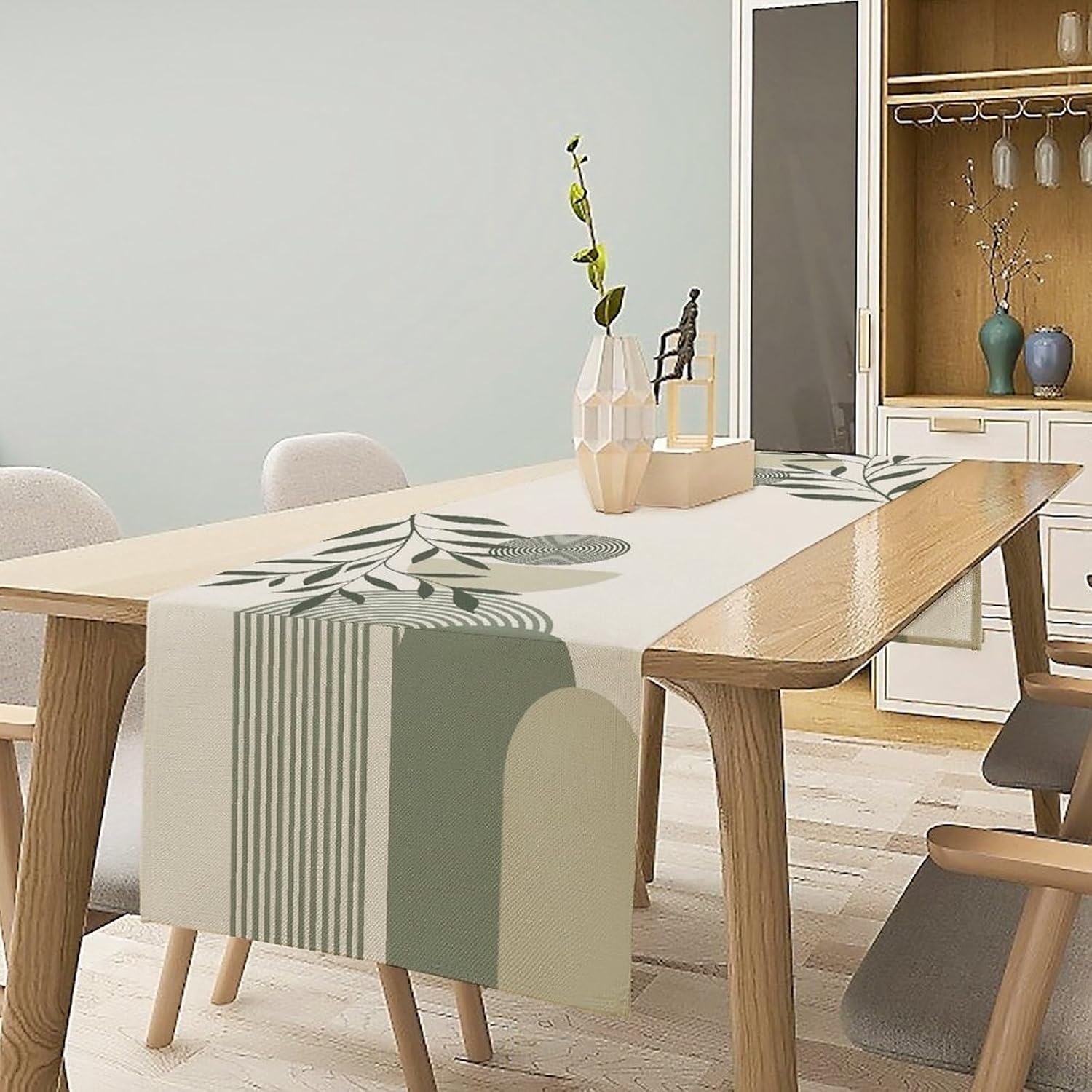 Boho Leaves Table Runner Sage Green Mid Century Modern Abstract Arch Geometric Minimalisted Spring Seasonal Dinner Runner for Farmhouse Kitchen Dining Home Holiday Party 13x120in