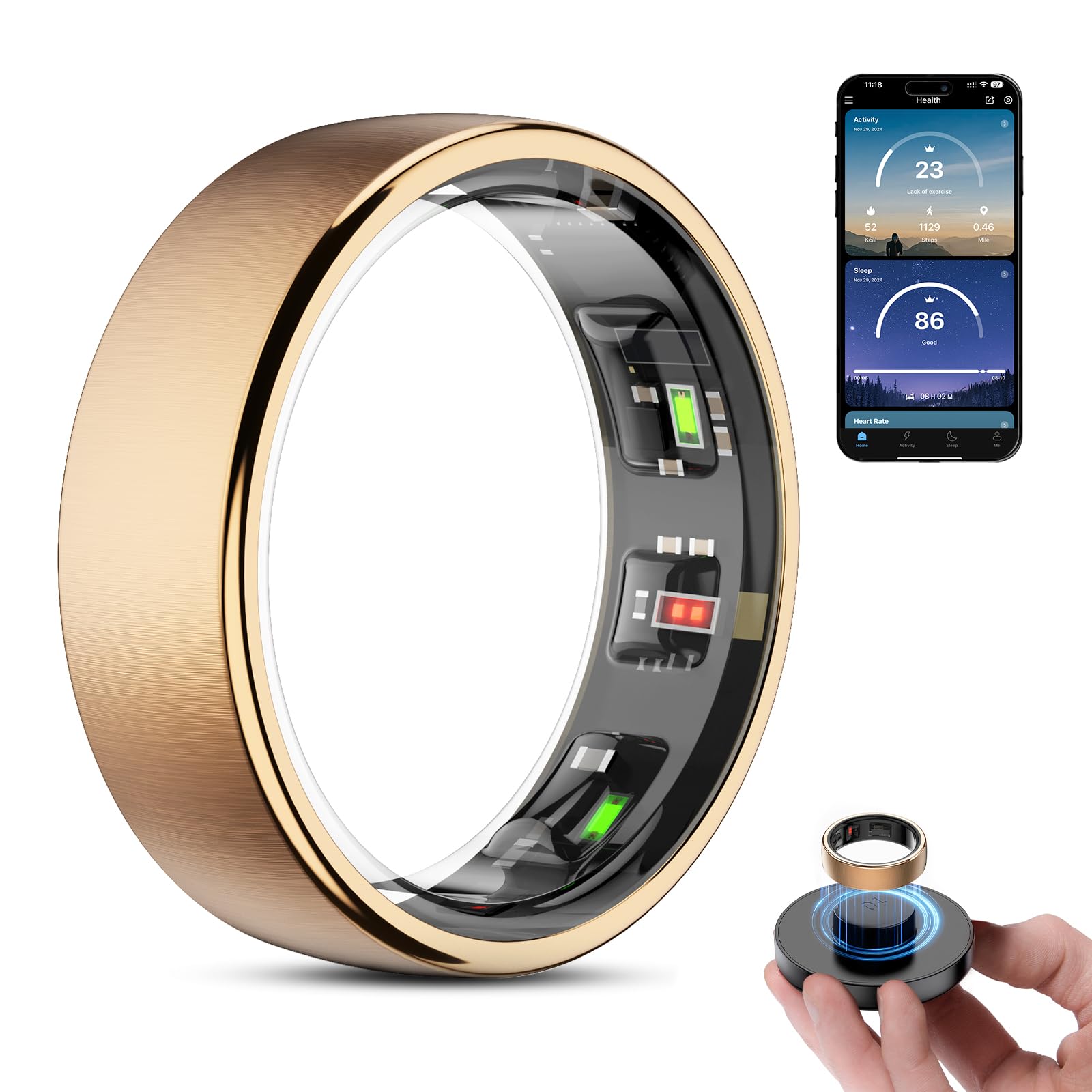 Weyrinice Smart Ring Health Tracker Wireless Charging Case Fitness Ring Brushed Stainless Steel Ring with Sleep and Exercise
