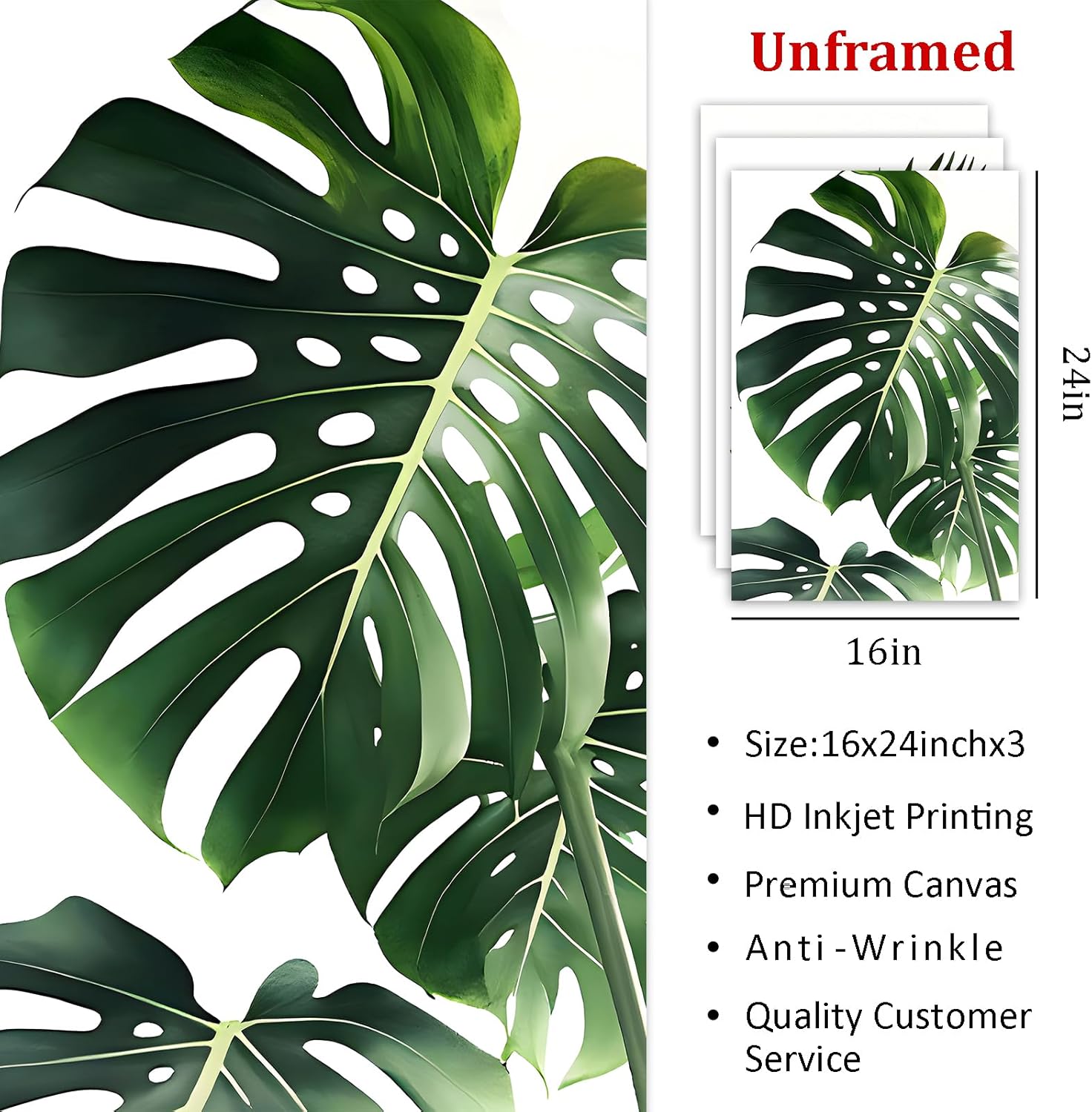 Tropical Botanical Wall Art Monstera Picture Green Leaf Poster Botanical Painting Palm Leaves Pictures Wall Decor Abstract Leaf Art Print Modern Plant Posters Watercolor Leaf Canvas Wall Art 16x24in No Frame