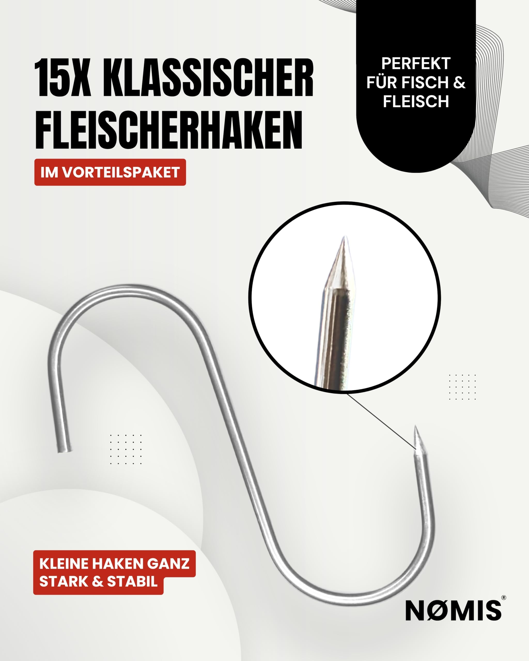 Zestaw [15 sztuk] Haki rzeźnicze | Haki rzeźnicze ze stali nierdzewnej na mięso | Haki mięsne | Popularne wśród myśliwych i rzeźników | Grubość 5 MM | Idealne do wieszania, suszenia i wędzenia mięsa