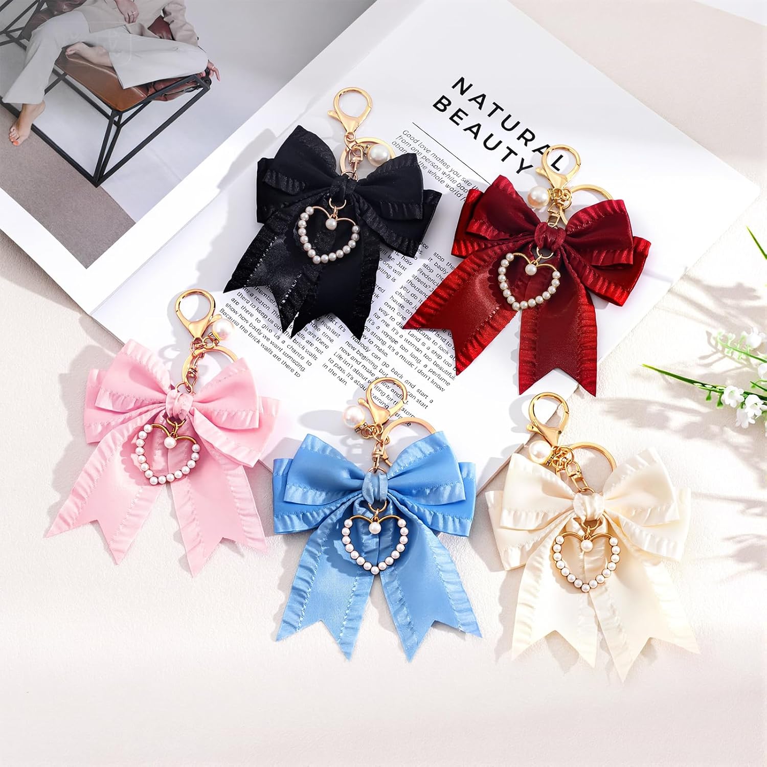 Bow Purse Charms, Cute Bow Backpack Keychains for Women, Pearl Wristlet Keychain(Light pink)