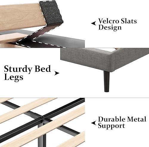 Miniatura 4 de Base de cama tamaño Queen con cabecera de cama tapizada con respaldo abatible, base de cama de plataforma de fácil montaje, soporte de listones de
