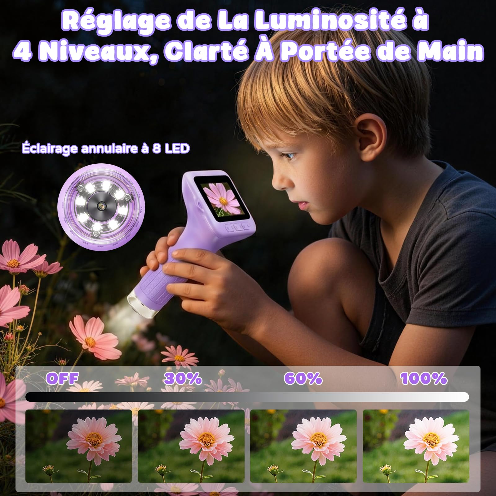Microscope Numérique Enfants 1000x, Microscope Portable Enfants avec écran HD de 3 Pouces, Fonction Photo et Compatible PC pour Jardin, Forêt et Activités en Plein Air (Violet)