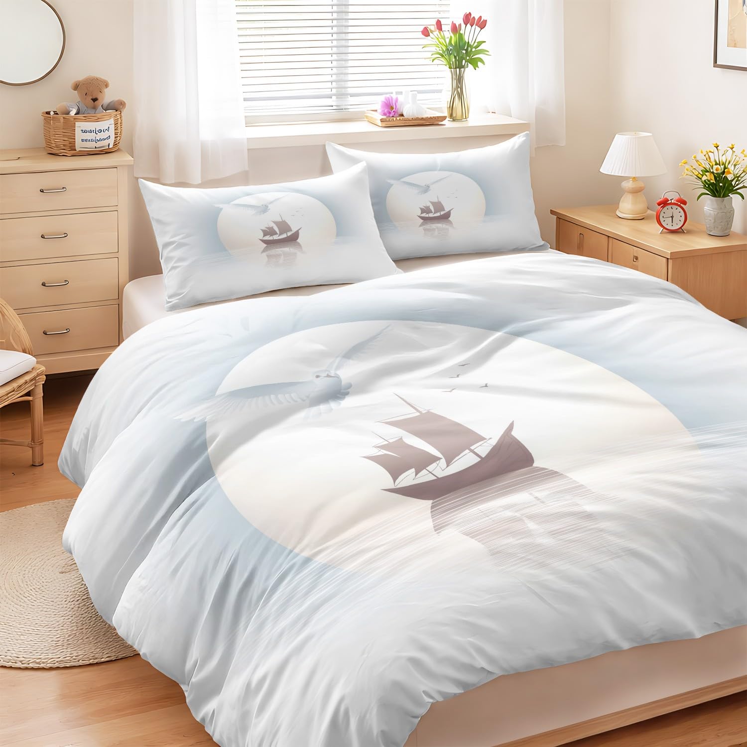 Genérico Funda Nordica Cama 135-200 x 200 cm, Suave Microfibra Juego de Funda Edredon, Grácil Velero Gaviota Luna para Niños, Blanco, Minimalista, Reversible, Agradable para la Piel