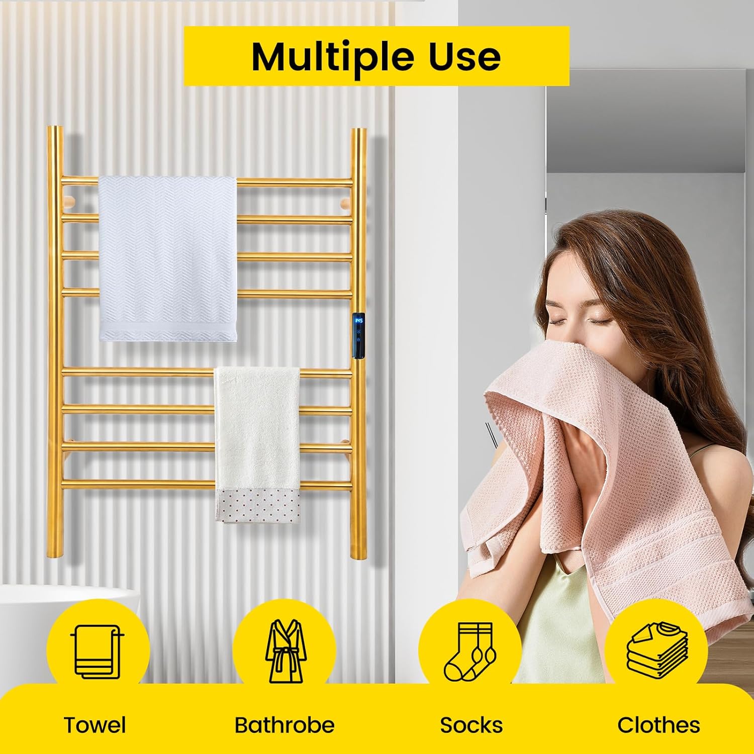Heated Towel Racks for Bathroom 8-Bars, 23" Wall Mounted Electric Towel Warmer Racks with Timer & Temperature Control,Gold