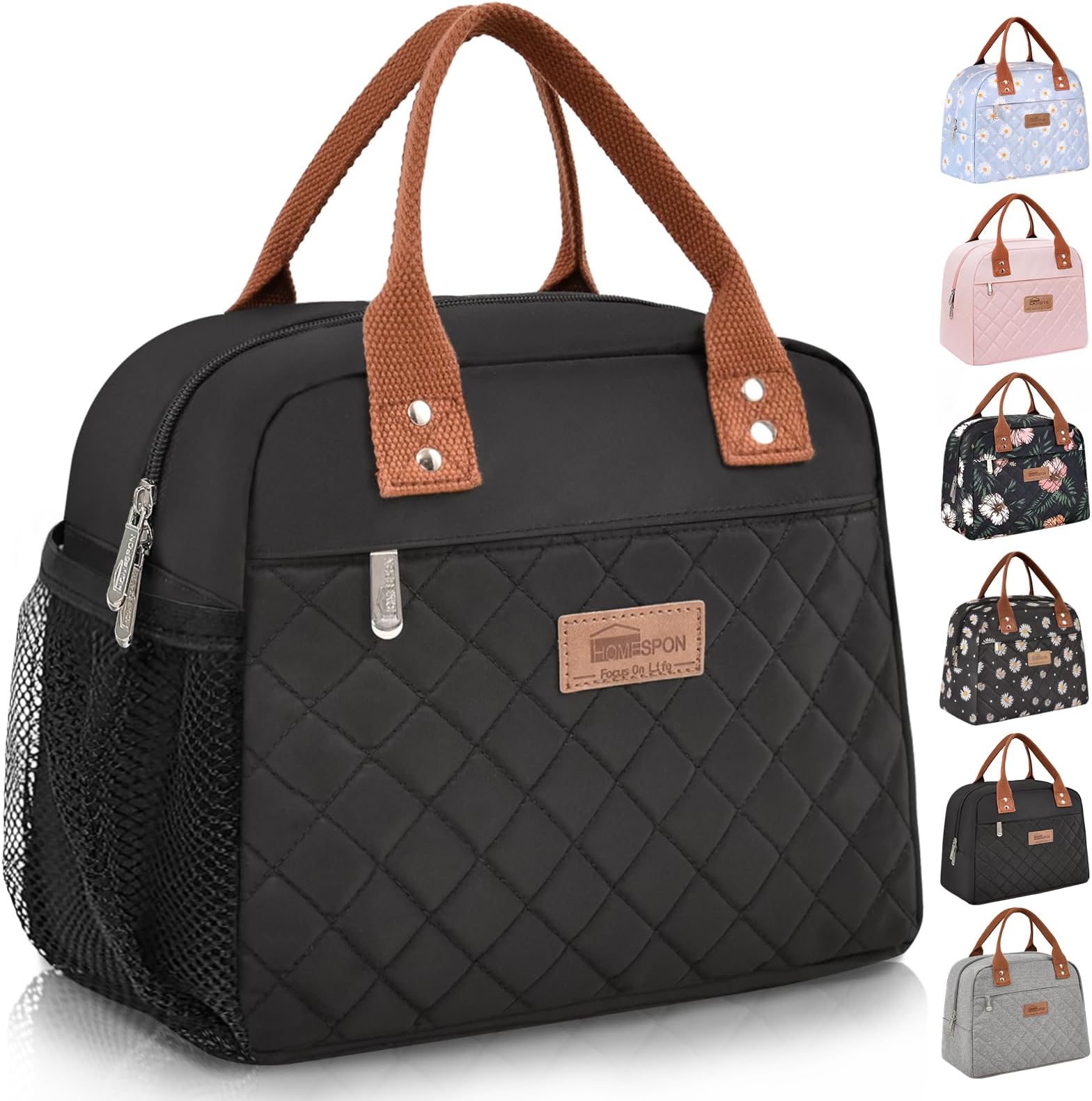 HOMESPON Insulated Lunch Bag for Women Men, Cooler Tote Box, Black Pockets | Front Pocket, Side Mesh Pockets, Reusable, for Work, Picnic, Food Container
