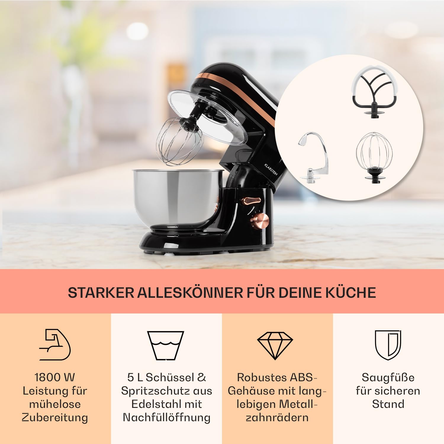 Klarstein Küchenmaschine, Knetmaschine mit 5L Schüssel, 2000W Profi Gerät mit Knethaken und Schneebesen, Universal Küchenmaschine mit 6 Stufen zum Rühren, Kneten und Aufschlagen