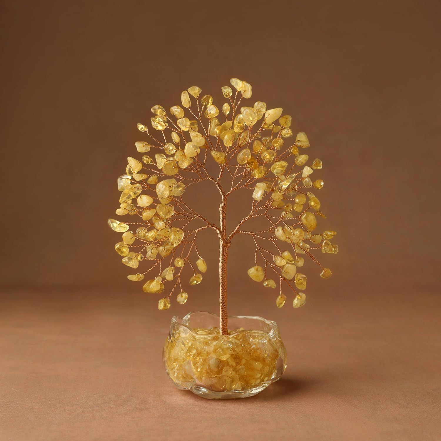 Citrine Arbre en Cristal Naturel Feng Shui Bonsaï Arbre de Vie Pierres de Guérison Reiki Chakra Décoration Maison Bureau Porte Bonheur Cadeau Spirituel Base Verre 17 cm